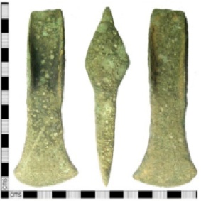 Cast cu-alloy flanged axe dating from the Middle Bronze Age, i.e. c. 1500-1300BC.