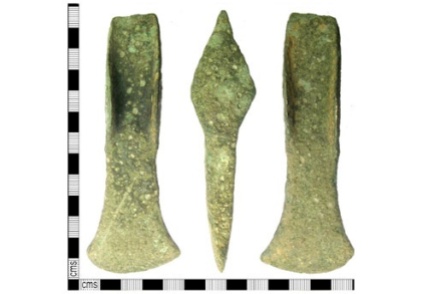 Cast cu-alloy flanged axe dating from the Middle Bronze Age, i.e. c. 1500-1300BC.